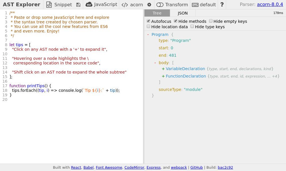 Screenshot of AST explorer
