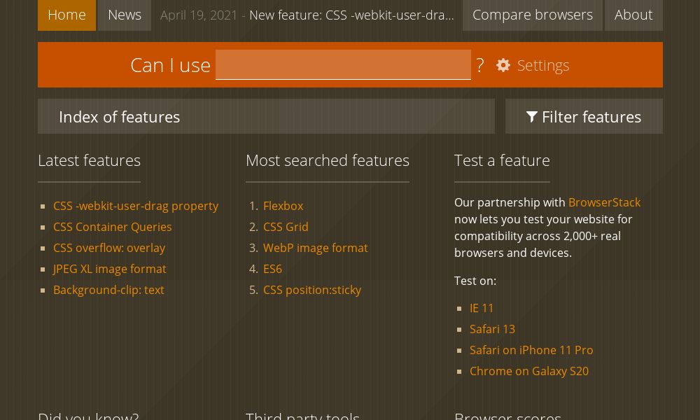 Screenshot of Can I Use