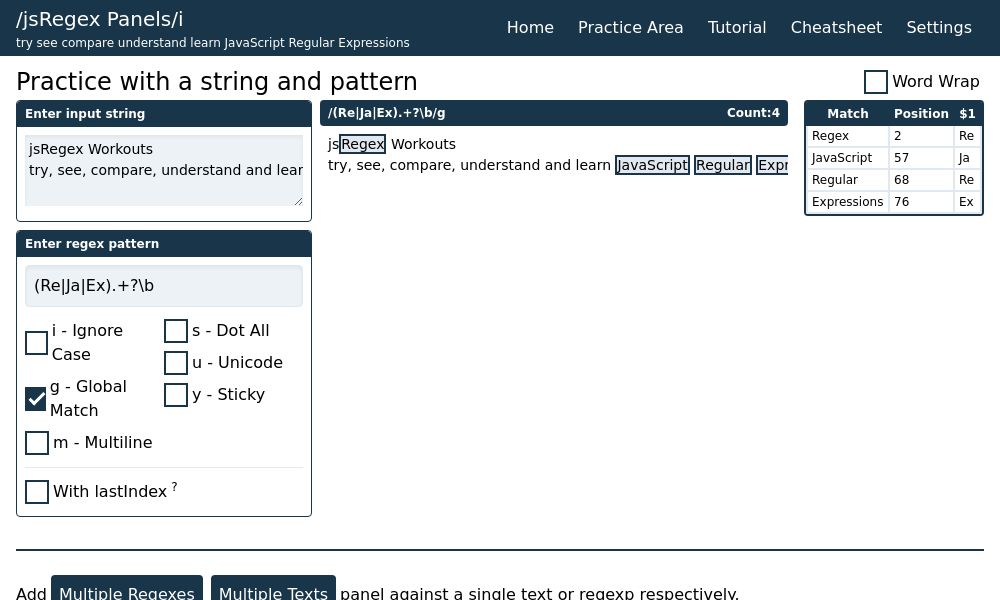 Screenshot of JavaScript Regex Panels
