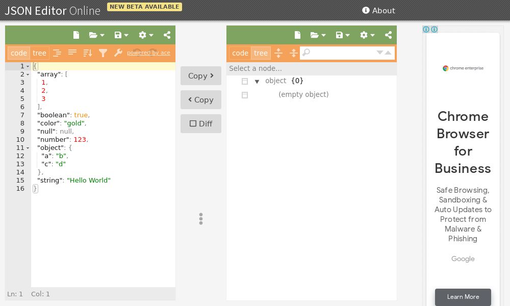 Screenshot of JSON Editor Online