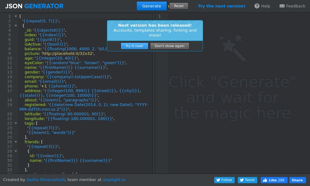 Screenshot of JSON Generator