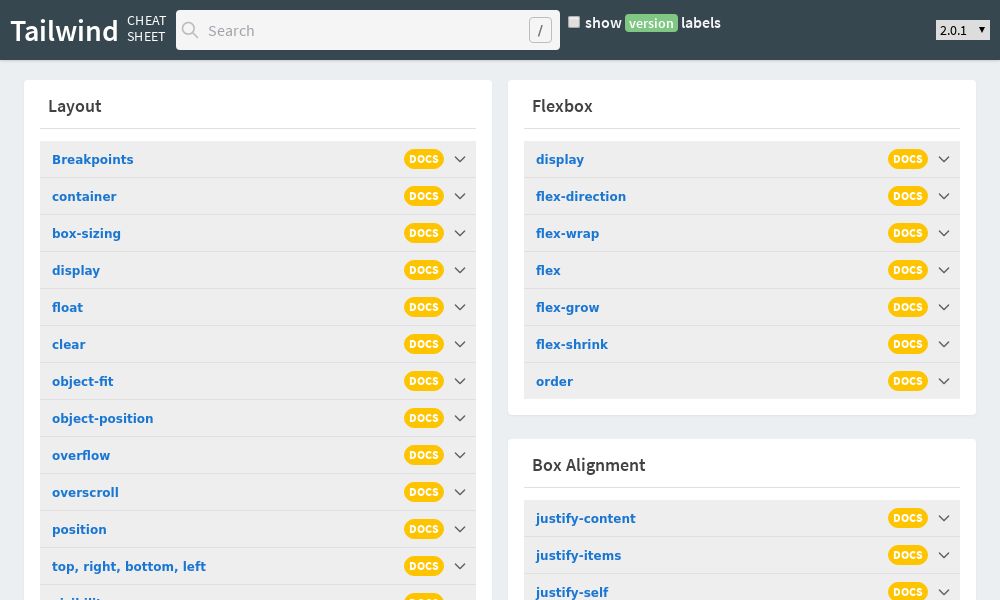 Screenshot of Tailwind CSS Cheat Sheet