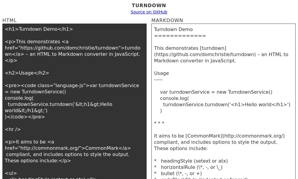 Screenshot of turndown