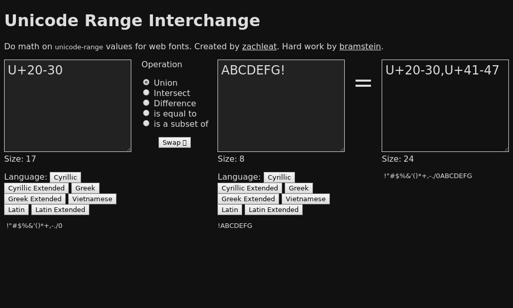 Screenshot of Unicode Range Interchange